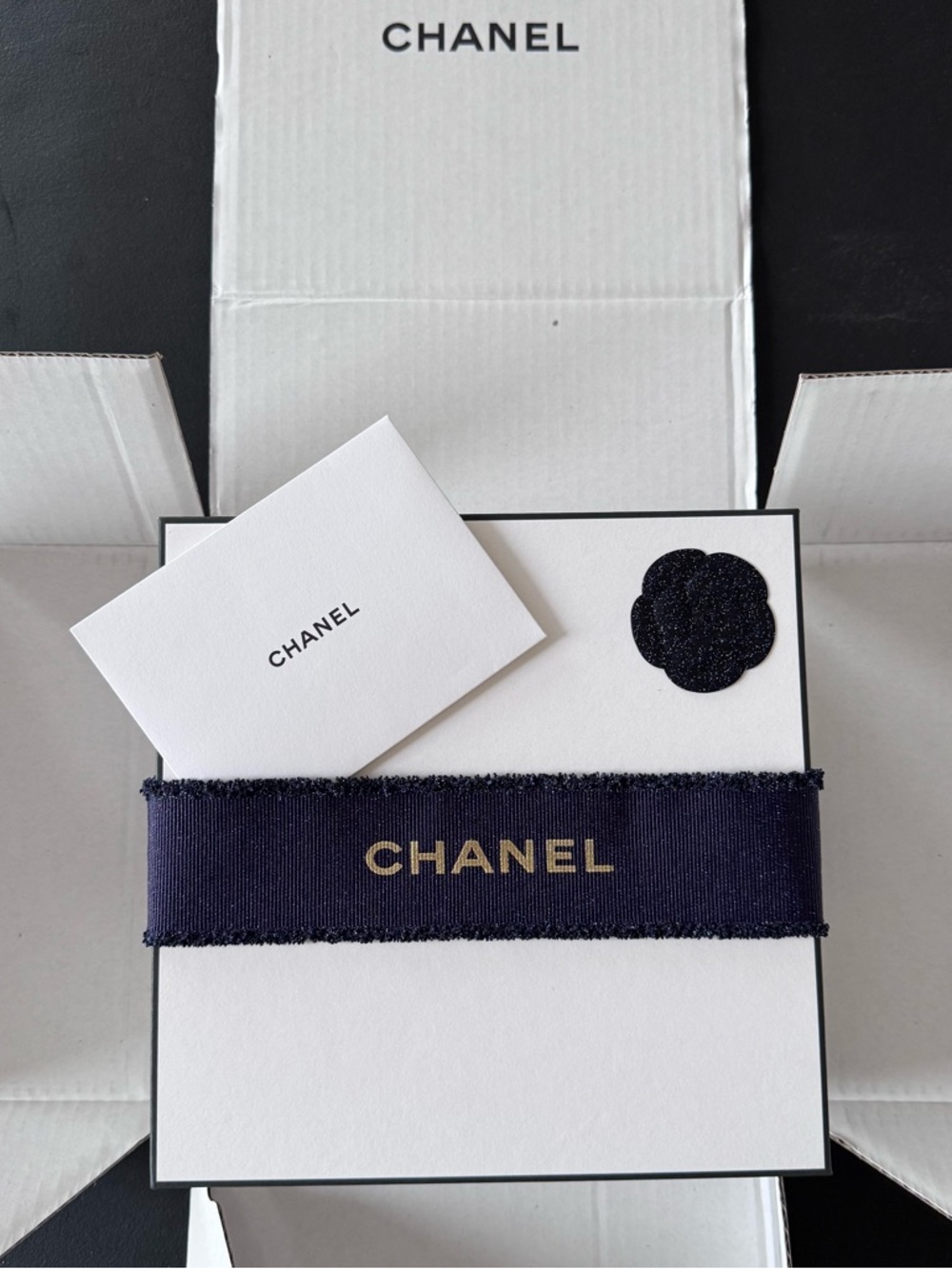 Chanel Empty Gift Box 8.75''x 8.75''x 4'' Container & Ribbon & Envelope Card